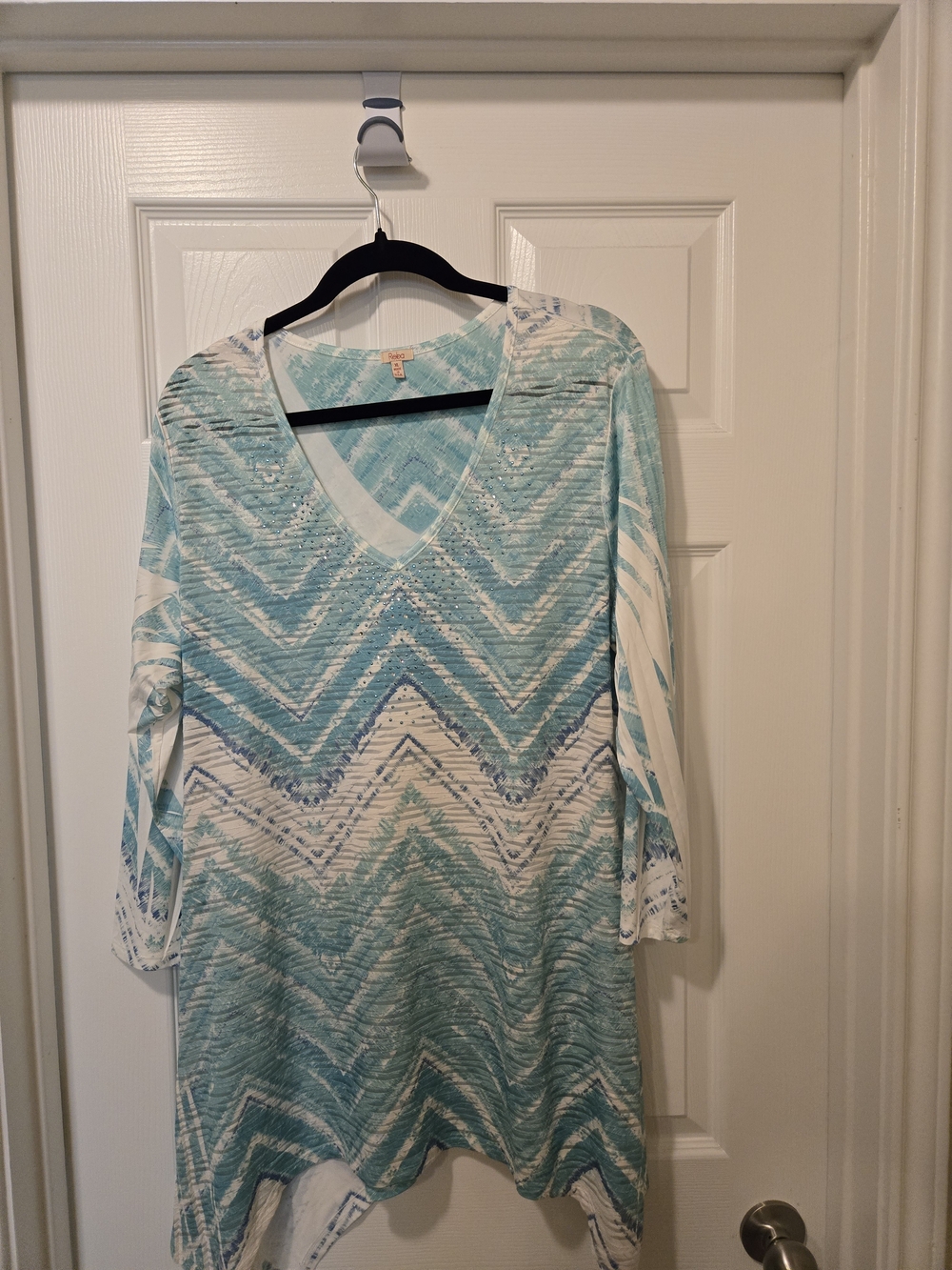 Reba Aqua Blue and White Chevron V-Neck Tunic